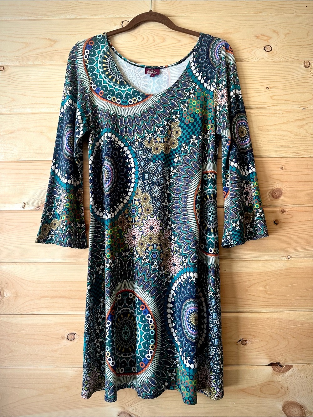 Salaam Lucy Short Knit Dress Tunic Teal Boho Mandala Bell Sleeve M